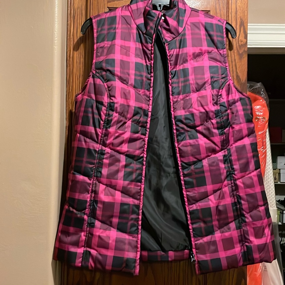 🖤 KIM ROGERS Women’s pockets quilted Puffer full zip plaid Vest Fuchsia Black M - Picture 4 of 14